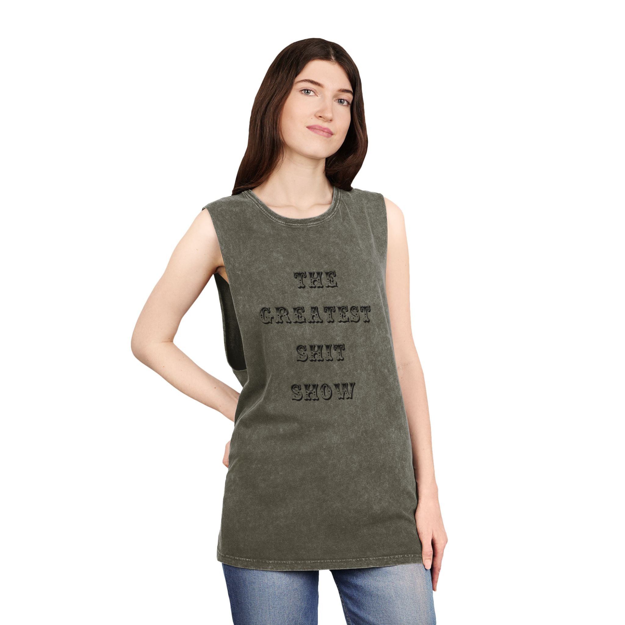 Stonewash Tank Top — "The Greatest S*** Show" Vintage Carnival Graphic