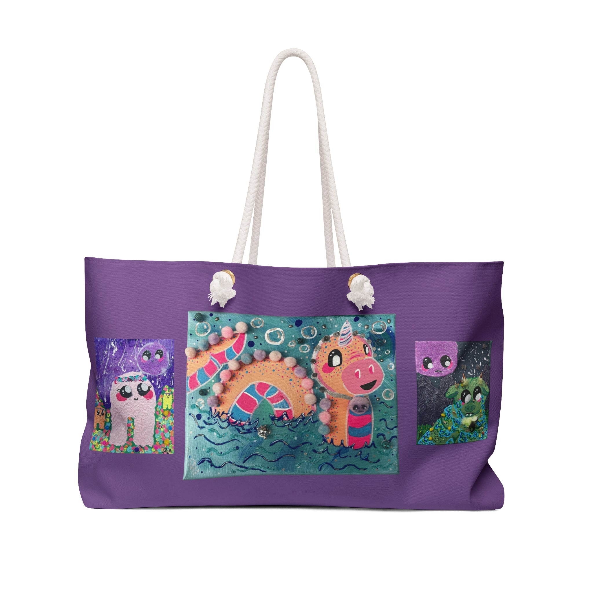 Purple Art Collage Weekender Bag — Cute Cryptids Print